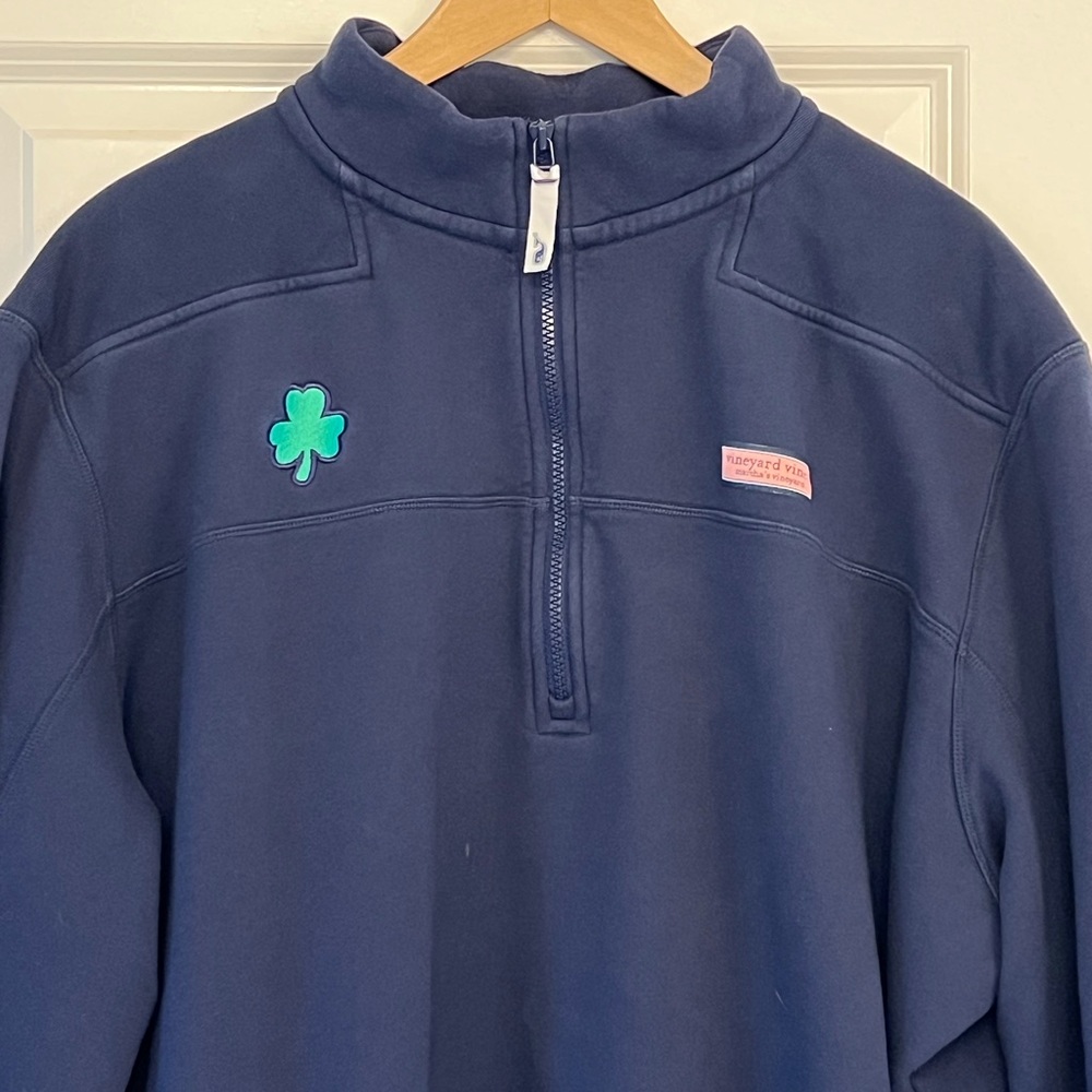 Vineyard Vines Navy 1/4 zip sweatshirt with embroidered IRISH Shamrock Emblem
